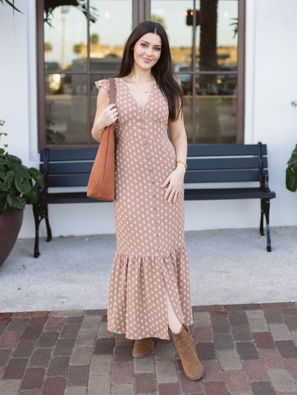 Tan Floral Ruffle Maxi Dress Button Front Size Small WORN ONCE!